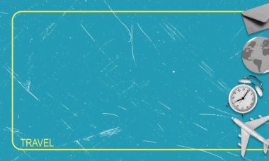 Çağdaş sanat kolajı. Kopya uzay uçağı, dünya ve çalar saatli mektup. Tatil ya da kaçamak planlama konsepti.