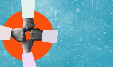 Hedefler, hedefler, planlar. İnsan elleri kontrol altında, takım çalışması. Çağdaş sanat kolajı. İlham, fikir. İş, meslek, iş kavramı