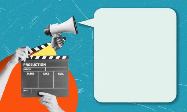 Modern sanatın kolajı. Bir video çekerken el çırpması tutan eller, alkışlardan çığlıklar atan megafon. Sanat kavramı, sürrealizm, haber, satış, bilgi, indirim.