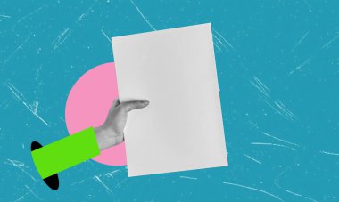 Soyut sanat kolajı, modern sanat kolajı. Elinde boş bir kağıt parçasıyla. Belge ve sözleşme kavramı.