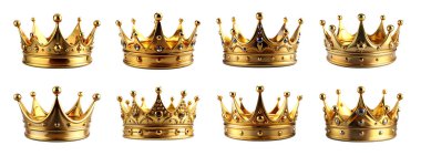 Beyaz arka planda izole edilmiş bir dizi gerçekçi altın kaplama. Altın taç konsepti.