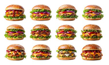 Lezzetli hamburger kolajı. Beyaz bir arka planda izole edilmiş. Lezzetli ama sağlıksız yemek..