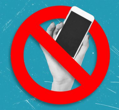 Telefon yasağını anlatan modern sanat kolajı, telefonla el ele tutuşmalar, yasaklamalar. Telefon yasağı kavramı.