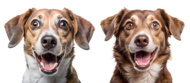 Beyaz bir arka planda iki köpeğin eğimli ağızlık yakın çekim. Köpek beyaz ve kahverengi tonlarında renklidir. Stüdyo çekimi.