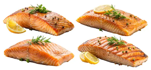 Beyaz arka planda dört tane somon fileto pişirdim. Lezzetli ve sağlıklı yemek kavramı..