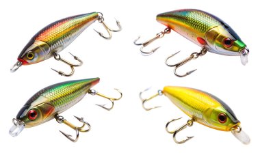 Beyaz arka planda izole edilmiş üç renkli olta yemi koleksiyonu. Yırtıcı balık yakalama konsepti.