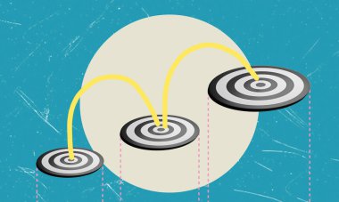 Üç siyah beyaz hedefli bir illüstrasyon, hepsi de sarı oklarla merkezden vurulmuş. Hedefler açık mavi bir arkaplanda, arka planda daha açık renkli bir krema tonu olan büyük bir daire var..