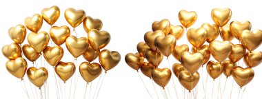 Altın kalp şeklinde hava balonları uçuruyorum. Beyaz bir arka planda izole edilmiş. Tatil ve parti konsepti.