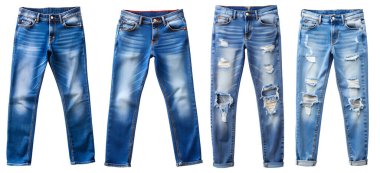 İzole edilmiş beyaz arka planda bir kot koleksiyonu. Güzellik ve moda konsepti.