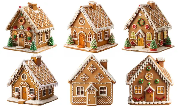 Beyaz arka planda zencefilli kurabiye evleri. Tatil kavramı ve eğlence, tatlı yemek.