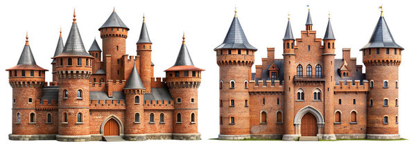 Set of stone and old castle on white background. Building concepts and landmarks.