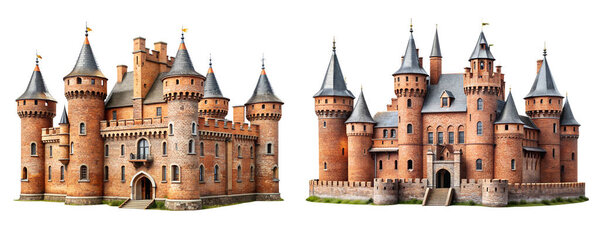 Set of stone and old castle on white background. Building concepts and landmarks.