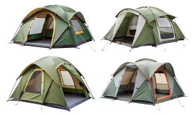 Beyaz arka planda kamp çadırları. Kamp ve açık hava eğlencesi kavramı..