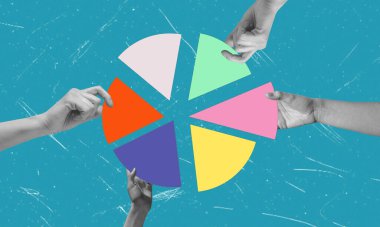 Çeşitli yatırım stratejileri. Çizelgeleri tut. Yatırımcı portföyü yönetir. Pasta çizelgesi, bölme. Modern sanat kolajı.