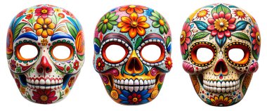 Ölüler Günü 'nü kutlamak için beyaz arka planda bir takım şeker kafatası maskesi. Geleneksel Dia de los Muertos kutlamasının Meksika sembolü