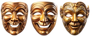 Beyaz arka planda teatral, gülümseyen maskeler. Oyun, kahkaha ve tiyatro konsepti.