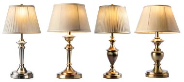 Beyaz arka planda klasik masa lambaları koleksiyonu. Tasarım ve güzellik kavramı.