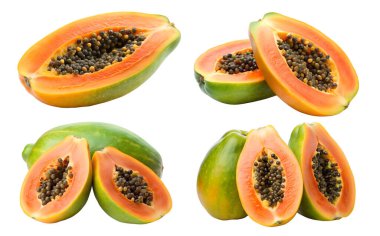 Papaya meyvelerini izole ettik. Beyaz arka planda izole edilmiş papaya parçaları koleksiyonu. Lezzetli ve sağlıklı yemek kavramı..