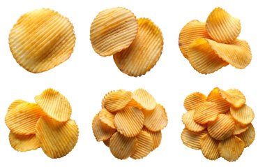İzole edilmiş beyaz bir arka planda patates cipsi. Lezzetli ve sağlıksız yemek kavramı..