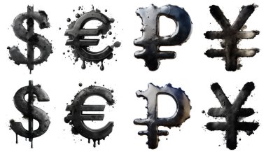 Dolar, avro, ruble ve yen gibi çeşitli para birimi sembolleri, finans sunumuna yenilikçi bir tasarım yaklaşımı sergileyen karanlık, sanatsal bir tarzda resmedilir..