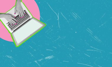 Çağdaş sanat kolajı. Erkek eller dizüstü bilgisayarda yazı yazıyor, finansal analizlerle çalışıyor, sanal para yetiştiriyor. Kripto para birimi kavramı, ekonomi, modern teknoloji, internet. Yaratıcı tasarım