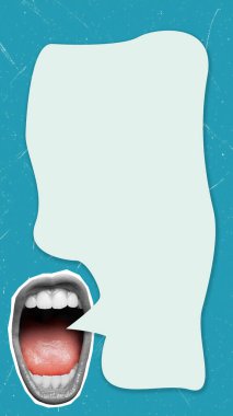 Çağdaş sanat kolajı açık ağız ve mesaj baloncuğu içeriyor. Reklam ve tanıtım konsepti. Cep telefonu için kapak, biçim 9: 16