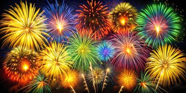 Karanlık gece gökyüzünün arka planında patlayan muhteşem canlı havai fişeklerin çekimlerinden. Kutlama ve eğlence konsepti.