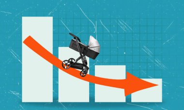 The stroller is depicted on a downward trending graph showing declining birth rates against a blue colored grid. clipart