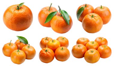 Beyaz arka planda bir dizi mandalina. Lezzetli ve sağlıklı yemek kavramı..