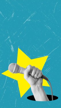 Modern sanat kolajı bir eli mikrofon ve bir yıldızı tutarken gösteriyor. Şarkı söyleme konsepti, yıldız doğumu, ya da haber. Cep telefonu için kapak, biçim 9: 16