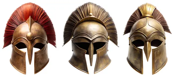 Beyaz arka planda bir dizi Roma miğferi. Askeri ve eski zırh kavramı.