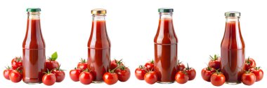 Beyaz arka planda ana hatlarıyla izole edilmiş domates ketçap şişeleri. Soslar ve soslar konsepti.