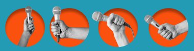 Modern art art collage showing hands with a microphone in an orange circle. Advertising, news or design concept. clipart