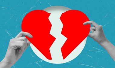 Çağdaş sanat kolajı elleri özenle kırık bir kalbi yapıştırmaya çalışıyor. Sevgililer Günü konsepti, ilişki.