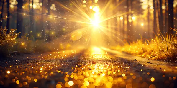 Sabahın erken saatlerinde güneş ağaçların arasından doğar, dingin bir orman patikasına altın bir parıltı saçar. Çiy damlaları mücevher gibi parıldar, o anın büyüleyici atmosferini güçlendirir..