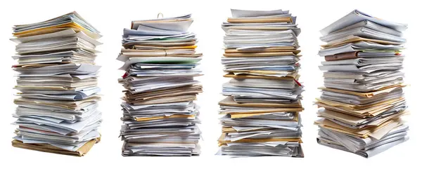 Beyaz arkaplandaki kağıtların üzerine istiflenmiş bir dizi katlanmış belge, iş için toplanan belgelerin konseptini gözler önüne serer..