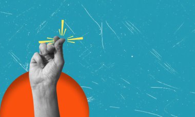 Hızlı hedefe ulaşmak için parmak şıklatmak bir metafor. Sanatsal modern sanat kolajı. İş ve tanıtım kavramı.