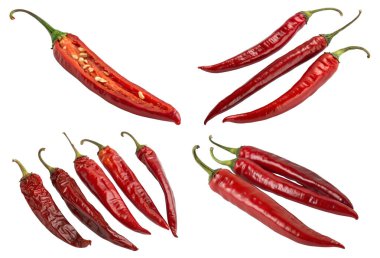 Beyaz arka planda izole edilmiş kırmızı kırmızı kırmızı biber seti ya da koleksiyonu. Ulusal Sıcak Başlar Chili Günü konsepti