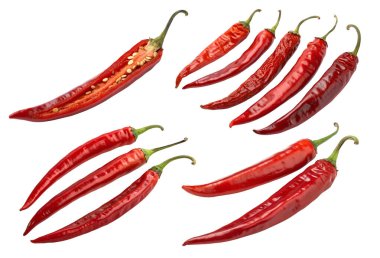 Beyaz arka planda izole edilmiş kırmızı kırmızı kırmızı biber seti ya da koleksiyonu. Ulusal Sıcak Başlar Chili Günü konsepti