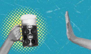 Modern sanat kolajı, bira bardağı ve reddedilmiş bir eli tasvir ediyor. Alkolün reddedilmesi ya da İçki Yasağı Anma Günü