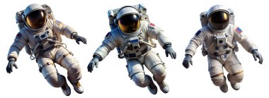 Uzay giysili astronotlar beyaz arka planda izole edilmiş. Açık havada süzülen uzayda kozmonot.