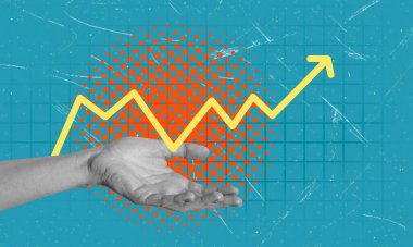 Bir ok tutan el sanatları kolajı. Başarı, fırsat ve büyüme kavramı. Modern tasarım. Boşluğu kopyala.
