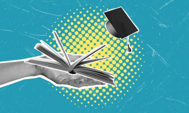 Modern sanat kolajında bir el kitap ve mezuniyet şapkası tutarken görülüyor. Eğitim ve öğrenim kavramı.