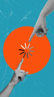 Modern sanat kolajı, birbirine uzanan iki eli mavi arkaplanda bir indirme simgesi ile tasvir ediyor. Birbirine çekim kavramı bir metafordur. Cep telefonu için kapak, biçim 9: 16