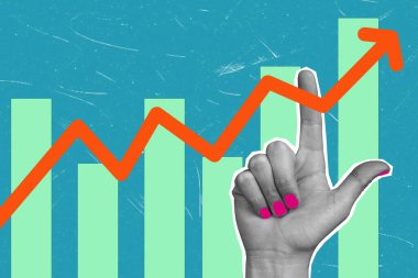 Çağdaş sanat kolajı yukarı bakan bir okla bir el ve büyüyen çubuklarla bir grafik gösteriyor. Büyüme ve ilerleme kavramı. Kontrol ve kararlılık. Minimalizm.