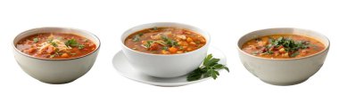 Beyaz arka planda farklı taze ev yapımı çorbalar. Lezzetli, ev yapımı ve sağlıklı yemek kavramı. Ulusal Ev Yapımı Çorbası Günü