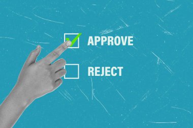 Çağdaş sanat kolajı el ve kontrol işaretleri içeriyor ve mavi arka planda fotokopi alanı ile reddediyor. Doğrulama ve onaylama seçimi.