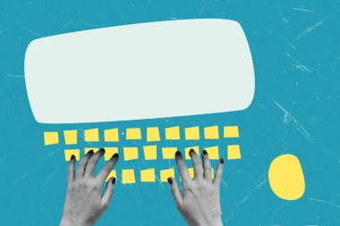 Modern sanat kolajı, mavi arka planda el yazısıyla klavye çiziyor. İş, terfi ve haber kavramı.