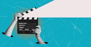 Modern sanat kolajı, mavi arka planda fotokopi alanı olan bir el çırpmasını gösteriyor. Film yapımı kavramı.