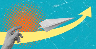 Modern sanat kolajı kağıt uçak fırlatan bir el ve yukarı bakan büyük bir ok tasvir ediyor. Başarı kavramı, takım çalışması, hedefe ulaşmak..